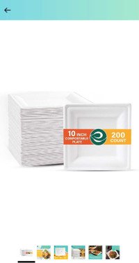 ECO SOUL Pearl White 10 Inch Square [200-Pack] Paper Plates (PFA