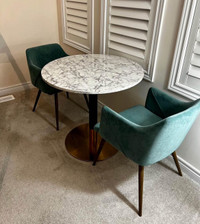 Belynda White Faux Marble Table & Schaller Velvet Arm Chairs