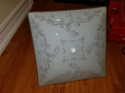 Square bedroom semi flush mount Floral pattern on white  glass., View more