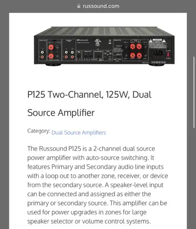 For sale is a new in box, Russound P125 power amplifier. 80W x2 at 8 ohms, 125W x2 at 4 ohms, or bri...