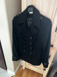 Ricki’s pea coat, black, new, wool 50%, ladies medium 