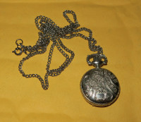 Ladies' Pocket Watch Silver Tone with Chain Floral Engraved