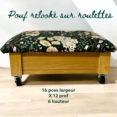 Petit Pouf banc stool sur roulettes relooké avec rangement tissu neuf Non fumeur