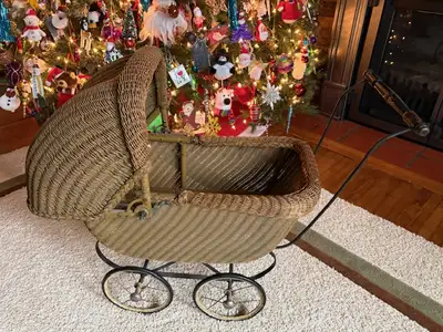 Antique Hooded Wicker Doll Buggy, View more