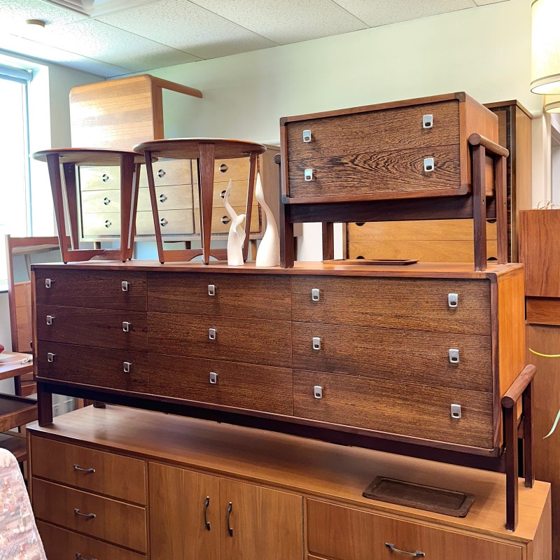 Teak Cradled Mid Century Modern Dresser Set By RS & Associates