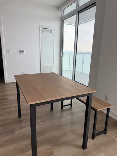 Dining Table Set with 2 Benches - Wood Top & Black Metal Frame, View more