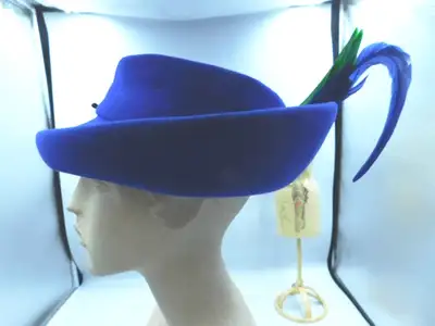 ROYAL BLUE PILLBOX HAT, BRIM, SZ 22, LARGE GREEN BLUE FEATHER, View more