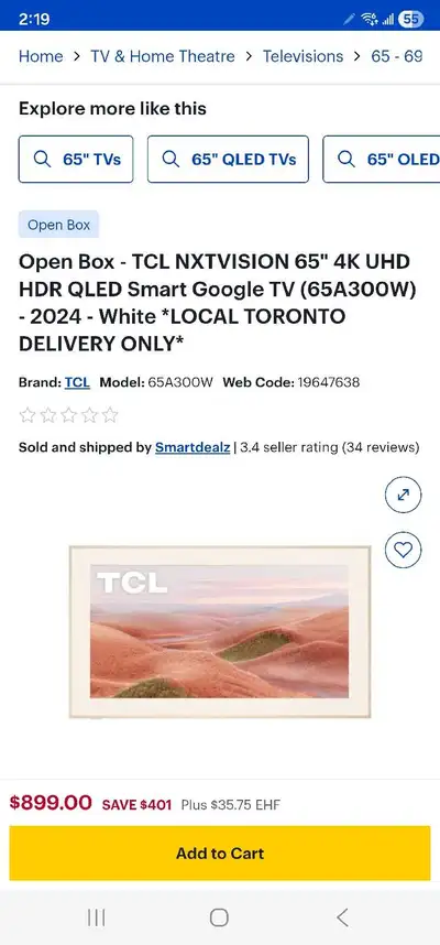 TCL NXTVISION 65" 4K UHD HDR QLED Smart Google TV (A300W) -2024, View more