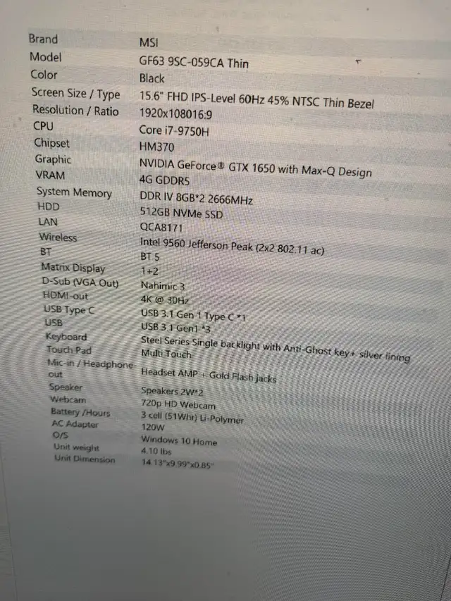 Gaming Notebook MSI GF63 15.6" Intel i7-9750H 16/512GB GTX 1650 in Laptops in Oakville / Halton Region - Image 2