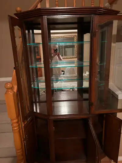 Mahogany China Cabinet with 3 glass shelves and cabinet below. Family heirloom and must sell!
