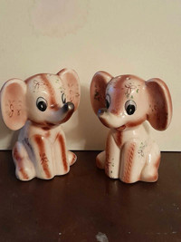 Vintage Japanese Ceramic Anthropomorphic Pink Elephants Salt and