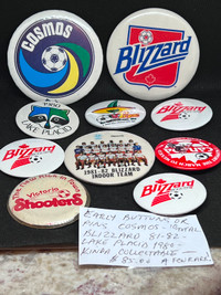 10 early soccer pins, blizzards Cosmo kinda collectible