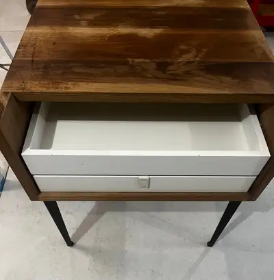 Wood cabinet with slide out drawers on metal frame, View more