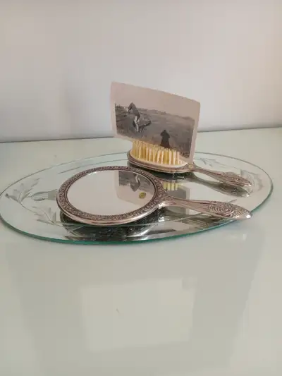 Vintage 1960s Silver-Plated Vanity Set Hand Mirror Brush, View more