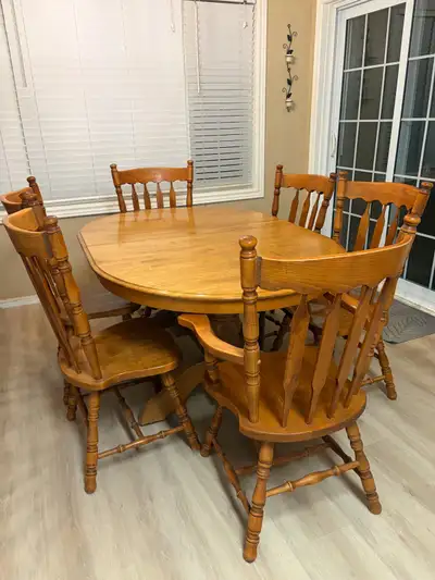 Solid maple kitchen table and six chairs, View more