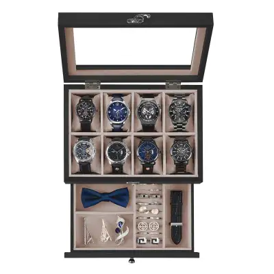 ⌚ SONGMICS 2-Tier Wooden Watch & Jewelry Box – Ebony Black (8-Slot) Description: Organize and displa...