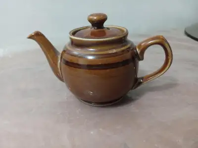 264-Great Gift Giving New Little 1- Cup Brown Striped Teapot., View more