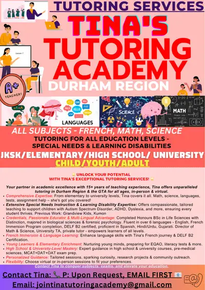 Tina's Tutoring Academy - Academic Help (Elem, HS, University), View more