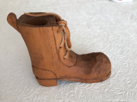 Wood boot sculpture in rustic Quebec style signed “R. Thibault”