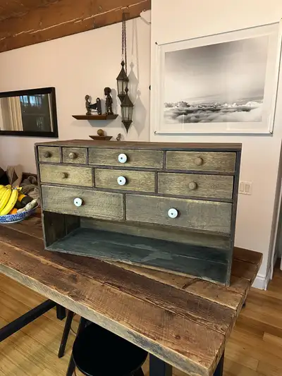 ANTIQUE OAK WOOD APOTHECARY TABLE TOP DRAWER STORAGE UNIT , View more