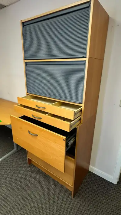 Tall Bookshelf / Cabinet Unit with Drawers + Pull-Down Screen, View more