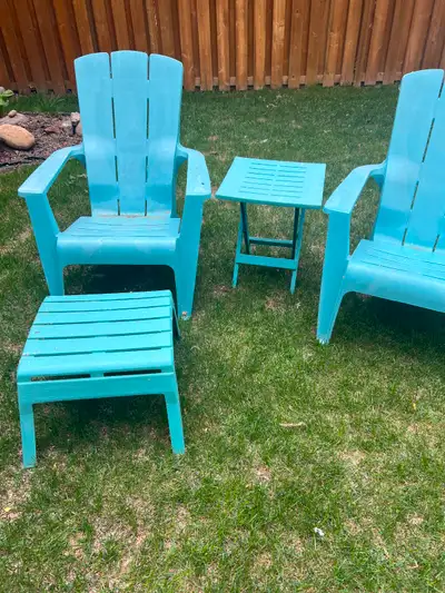 Plastic Patio Furniture Great for deck or yard. Easily stack. 3 chairs. foot stool and table.