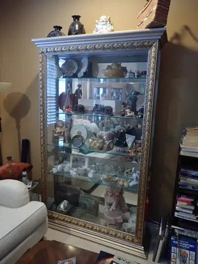 Size: width- 46 inches, height-80 inches, depth-12 inches. 4 adjustable glass shelves, 4 side access...