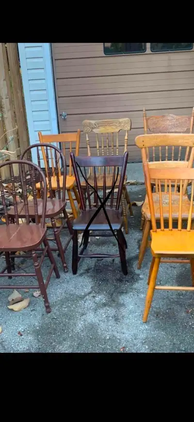 Antique pine one drawer candle/lamp table 250. Antique farm chairs 25. - 45. ea. Antique treadle sew...