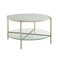 Glass Shelf, Gold Legs Round Coffee Table with White Marble Top