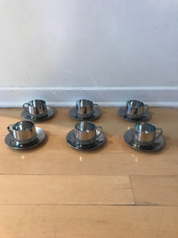 Set of 6 stainless steel espresso cups & saucers / 6 tasses 
