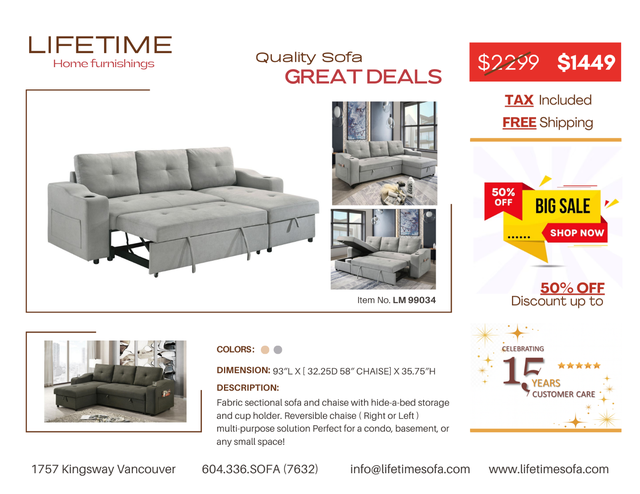 Fabric sectional sofa and chaise with hide-a-bed and storage in Couches & Futons in Vancouver - Image 9