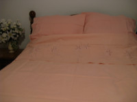 Vintage Embroidered Cotton Bed Sheet & Two Pillowcases, Queen