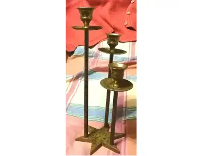 VINTAGE SOLID BRONZE CANDLE LIGHT THREE HEADS MADE IN INDIA, View more