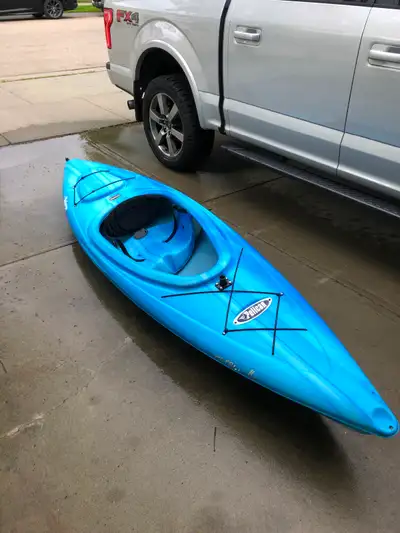 Pursuit Blue-Turquoise Kayak 10 Feet Inboard storage compartment with ropes and safety items include...