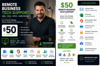 $50 Remote Business Tech Support | Email, Excel, Office Help, View more