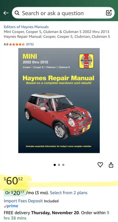 New Haynes shop manual for Mini Cooler. Hard copy book.