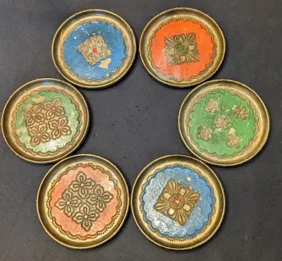 Set of 6 Stylish 1940s Italian Florentine Gilt Wooden Coasters!, View more