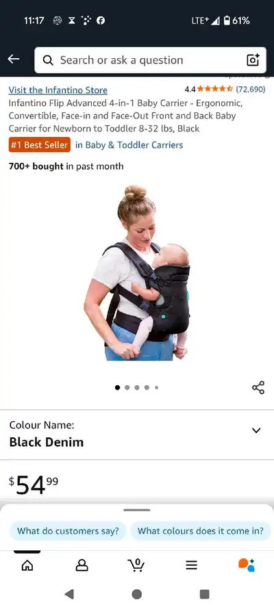 This is an Infantino Flip Advanced 4-in-1 Convertible Carrier in black denim, designed to carry newb...