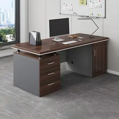 "Brown Wood Executive Desk with Cabinet and Locking Drawers Included - Without Chairs Computer Desk...