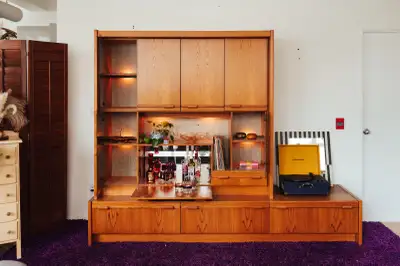 Large Midcentury Lighted Wall Unit with Tip-Down Bar, View more