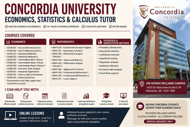 I'm your Concordia U Economics, Statistics & Calculus Tutor