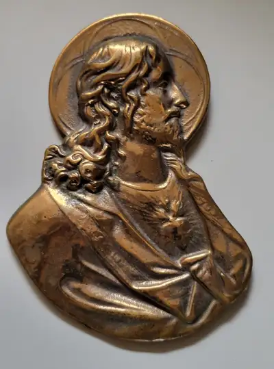 Vintage Bronze Sacred Heart of Jesus Metal Wall Hanging Plaque, View more