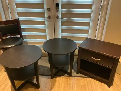 Furniture for sale. 1 bar chairs, 3 end tables., View more