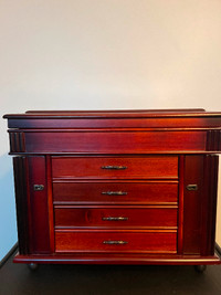 Jewelry box- red wood finish, 4 drawers, 2 side panels,