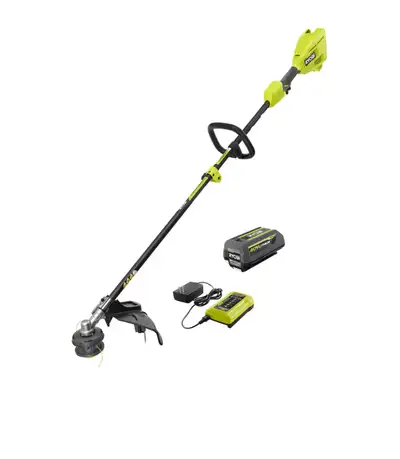 Used like new RYOBI 40V 15 in. Expand-It Attachment Capable String Trimmer Kit with 4.0 Ah Battery a...