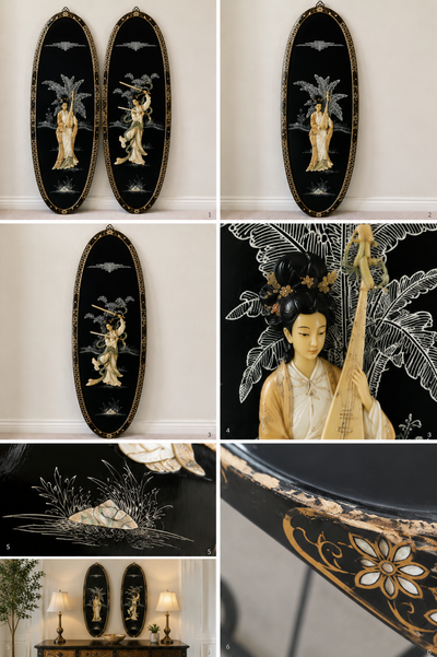Vintage Asian Black Lacquer Wall Art Panels, View more
