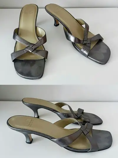 Genuine Leather Silver Open Toe Sandals Kitten Heels - Size 10, View more