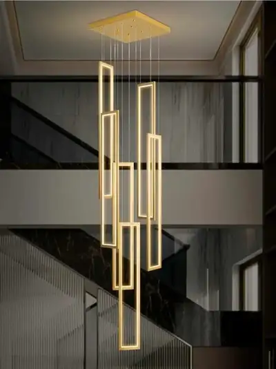 Dimmable 6 Ring LED Chandelier - Rectangular Pendant Light with Remote Control for High Ceilings - I...