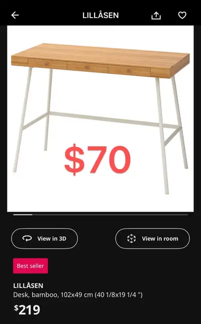 Selling a clean and beautiful IKEA LILLÅSEN bamboo desk with minimalist white frame. • 3 drawers for...