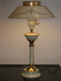 Vintage Beige Gold Toleware Lamp Milk Glass Shade